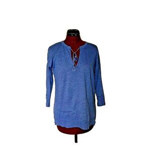 LOFT Top XS Blue Knit 3/4 Sleeve Keyhole Neck Tassel Tie Split Hem Boho Casual